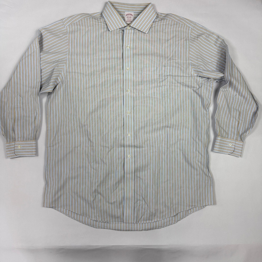 Brooks Brothers Madison Mens Dress Shirt 17 33 Blue Yellow Striped Y2K Preppy